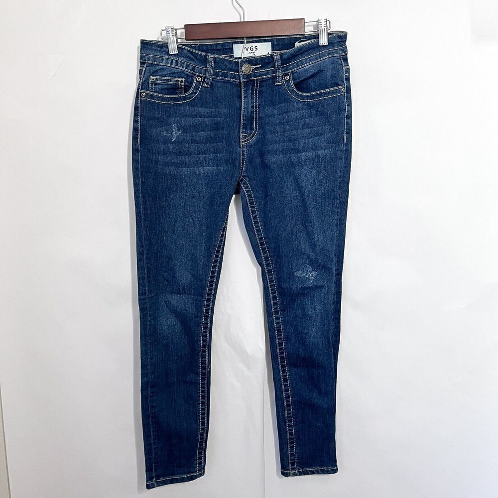 VGS Skinny Jeans Size 4 Medium Wash Light Distressed Fold Pockets Embroidered